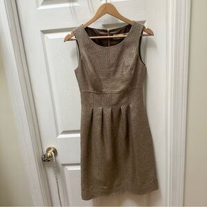 Lela Rose wool-cotton tan & gold-lurex sleeveless pleated sheath dress 4